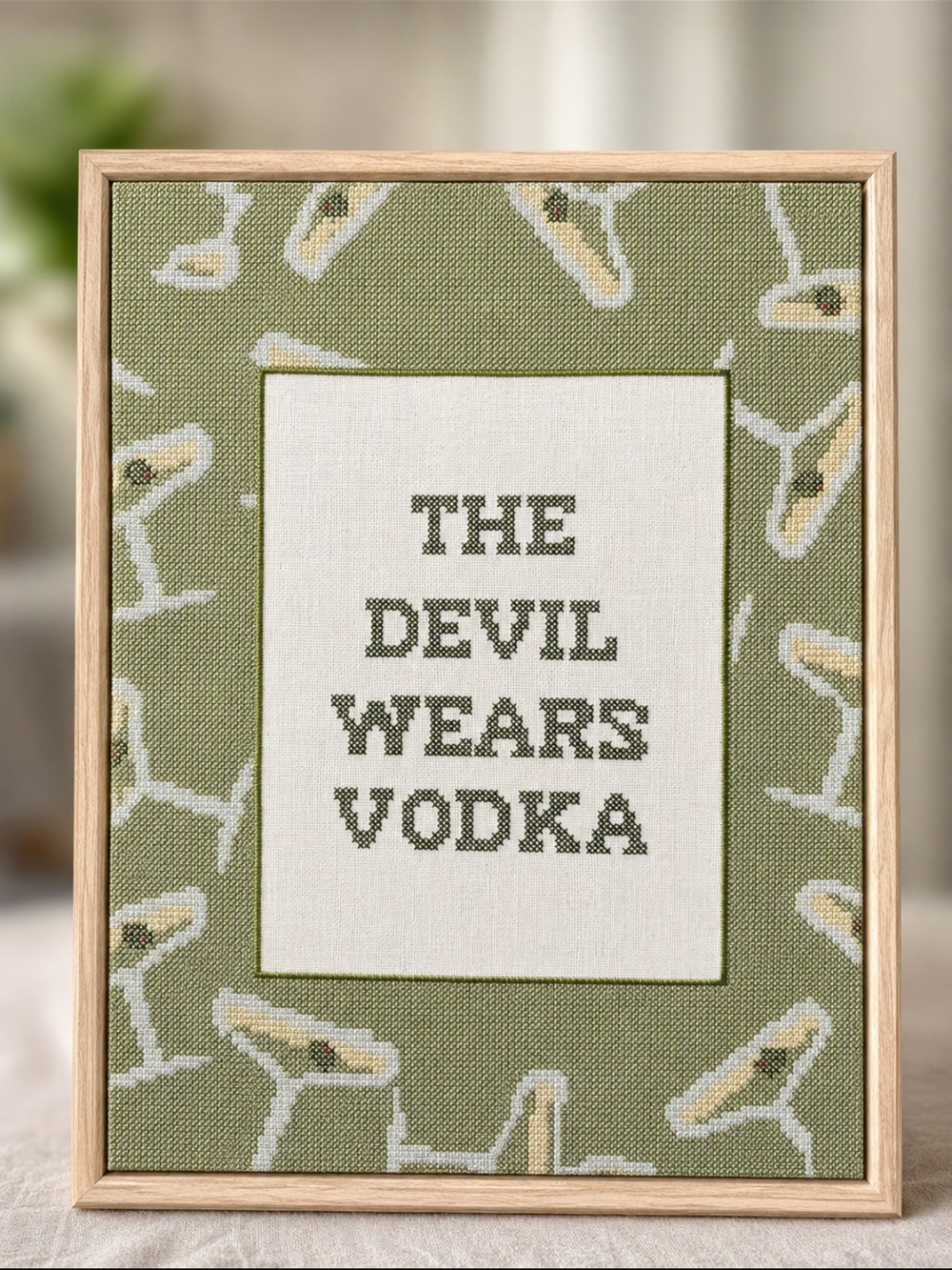 Framed 'The Devil Wears Vodka' Embroidered Wall Art